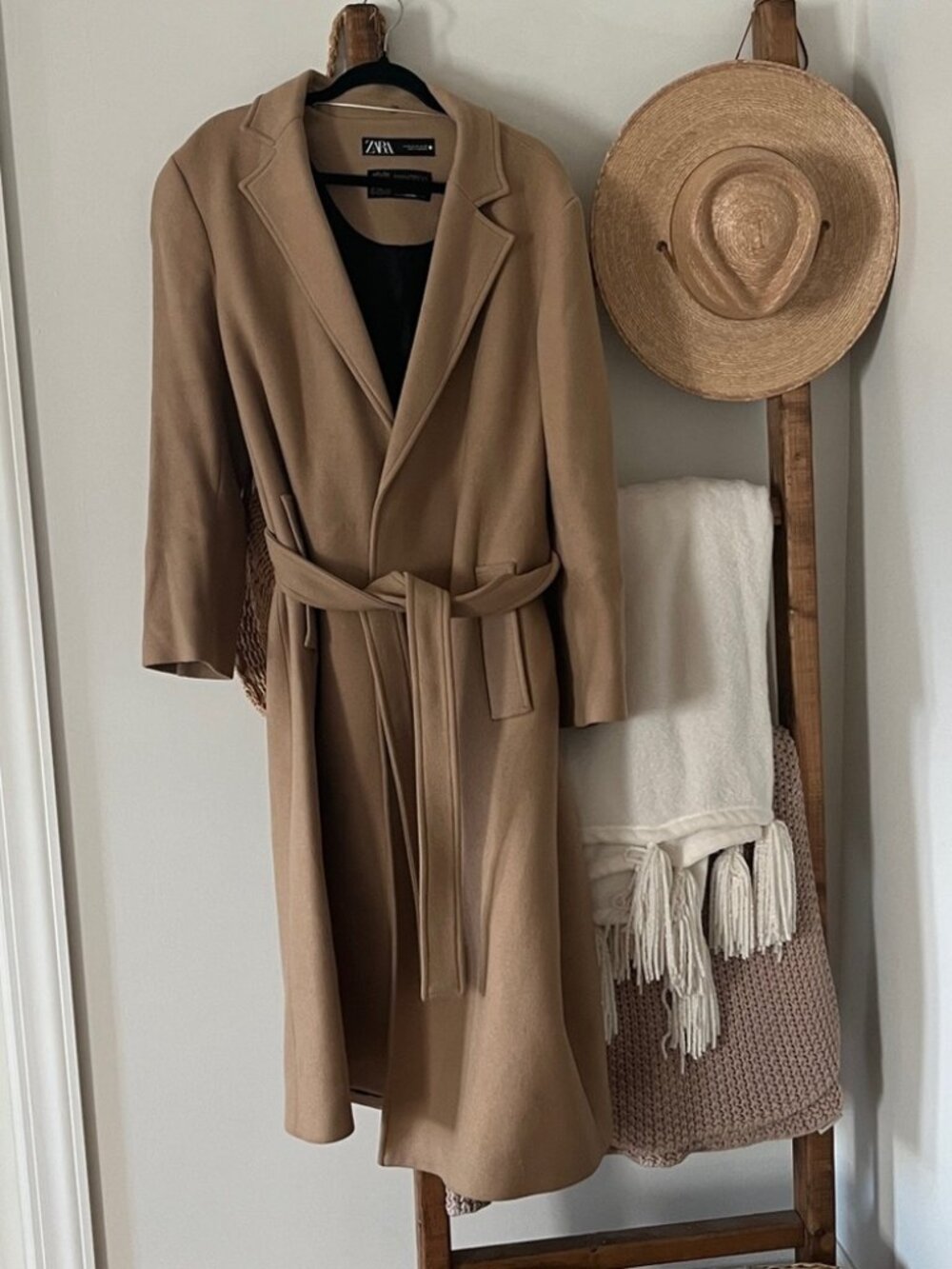 Zara Manteco Italian Wool Camel Wrap Coat Belted Long Coat XL